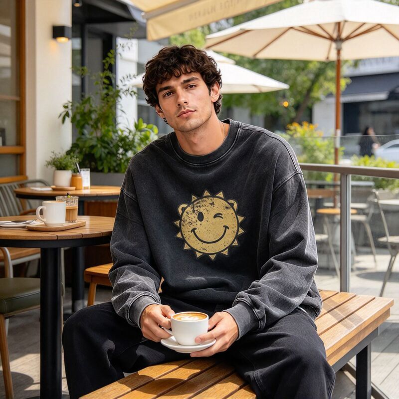 Vintage distressed dark gray crew neck sweatshirt with smiley sun print, casual long-sleeve T-shirt, trendy loose top