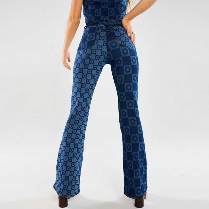 Dames flared jeans hoge taille donkerblauwe denim broek_voghion.com