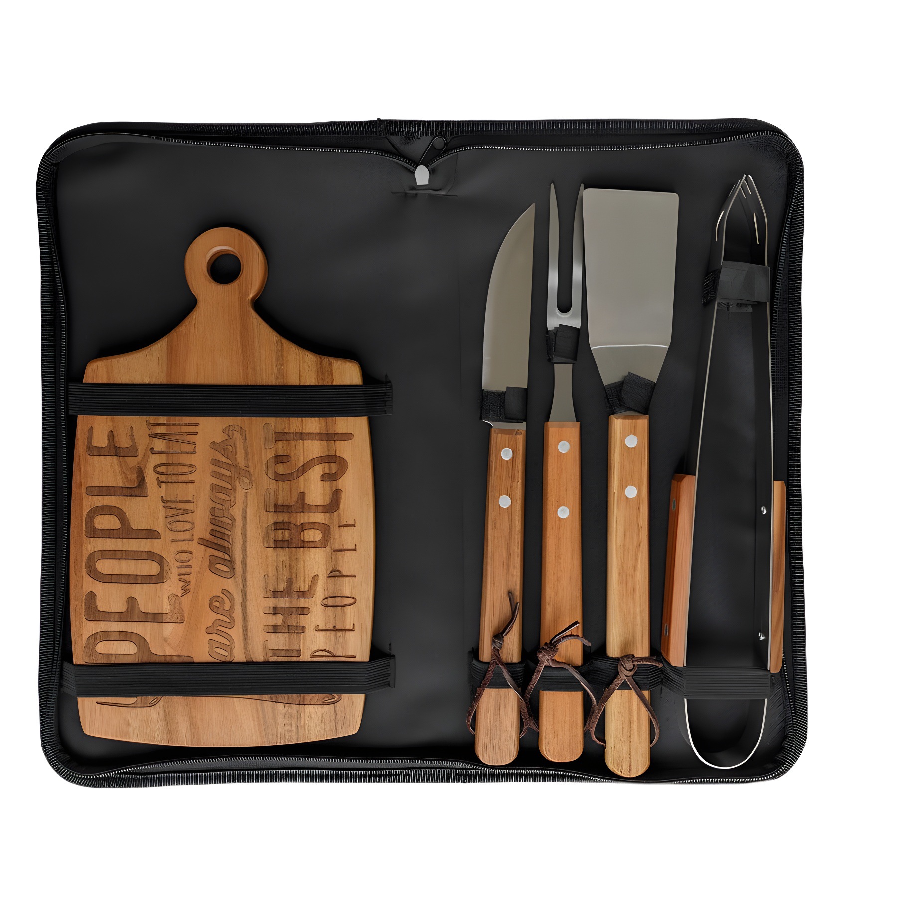 Fünfteiliges Grillbesteck-Set mit individuell anpassbaren Griffen aus Massivholz, bestehend aus Schneidebrett, Gabel, Zange und Pfannenwender mit Nylonfutter._voghion.com