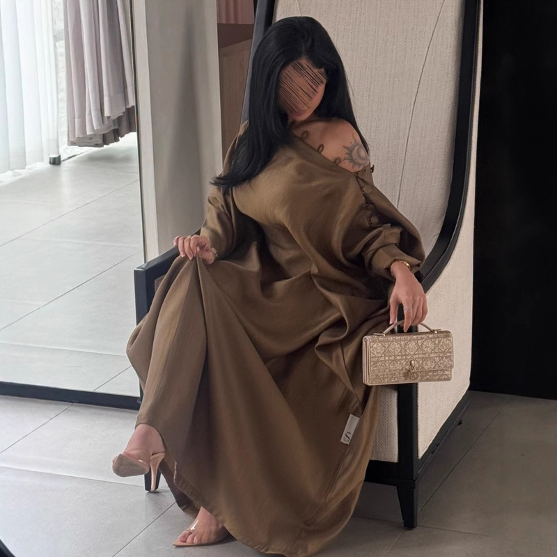 2025 Spring and Summer New European and American Middle East Export Button Retro Elegant Caftan Robe Dress