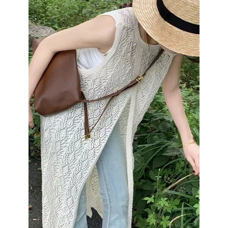 Design Sense Stacked Niche Blouse Knit dress Women's Summer Back Split Long Skirt Round Neck Thin Pullover
