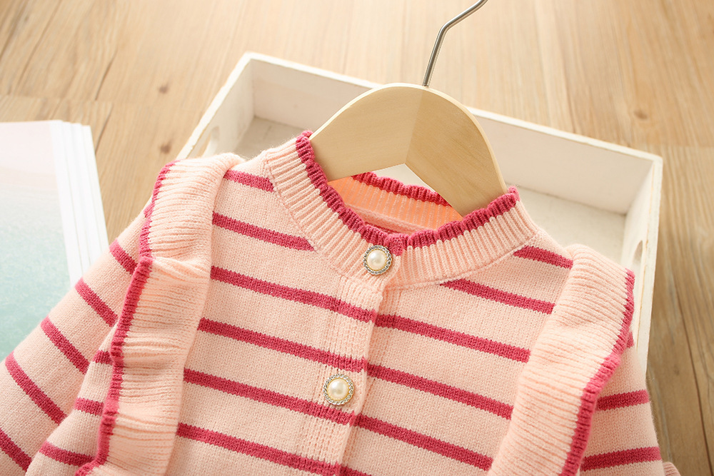 Girls' Sweater S 2023 Winter New Korean Edition Western Style Girl Stripe Wooden Ear Edge Children's Pants Two Piece_voghion.com