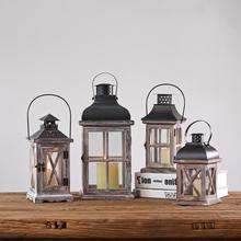 欧式复古铁艺木质风灯烛台摆件创意装饰品玻璃蜡烛台家居庭院软装