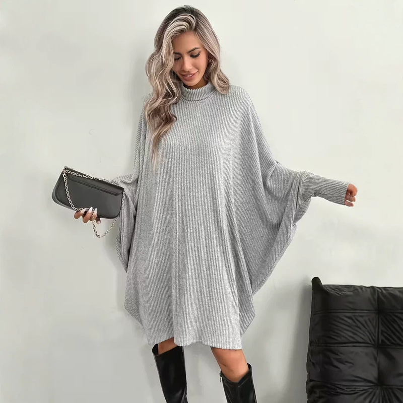 European and American cross-border autumn and winter women's elegant loose bat-sleeve dress, high-neck long-sleeve sweatshirt, gray cape coat