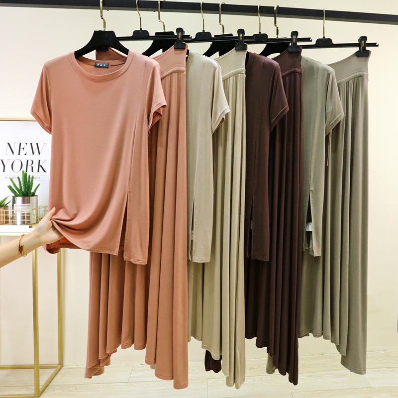 Modal T-shirt va baland bel uzun etakli to'plami