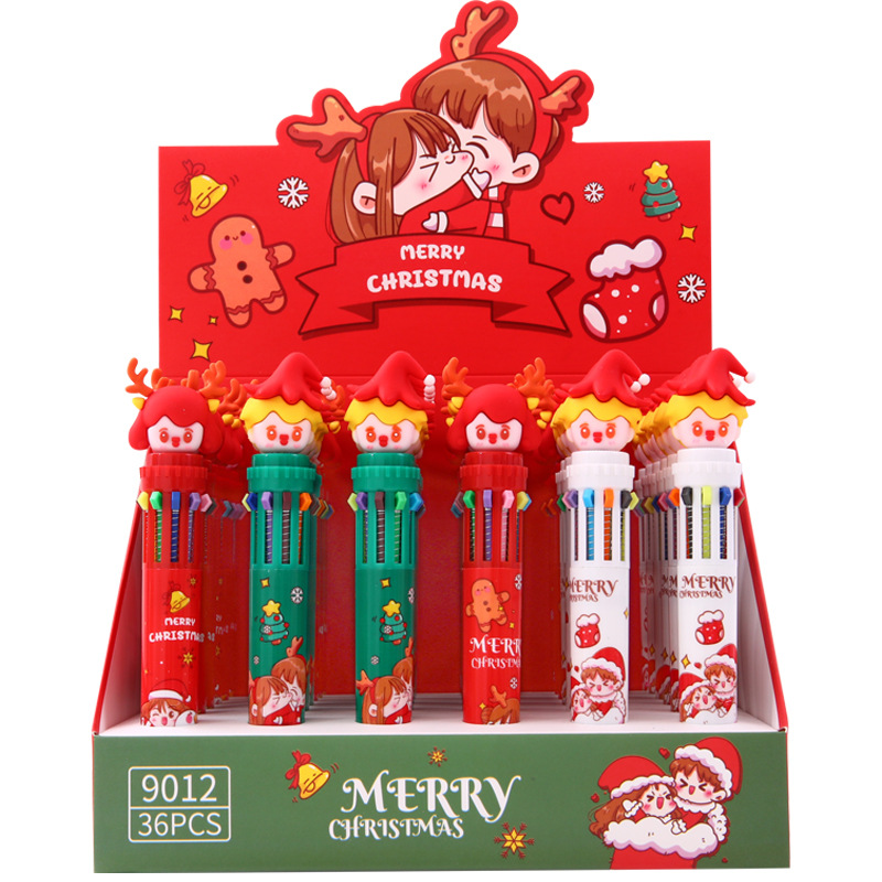 En caja de Navidad de diez colores bolígrafo estudiante creativo diario de la pluma de 10 colores uno en uno push pen regalo de papelería de Navidad