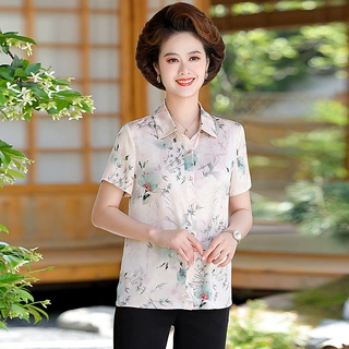 中年妈妈装仿真丝衬衣2024夏装新款印花短袖衬衫上衣中老年女夏季