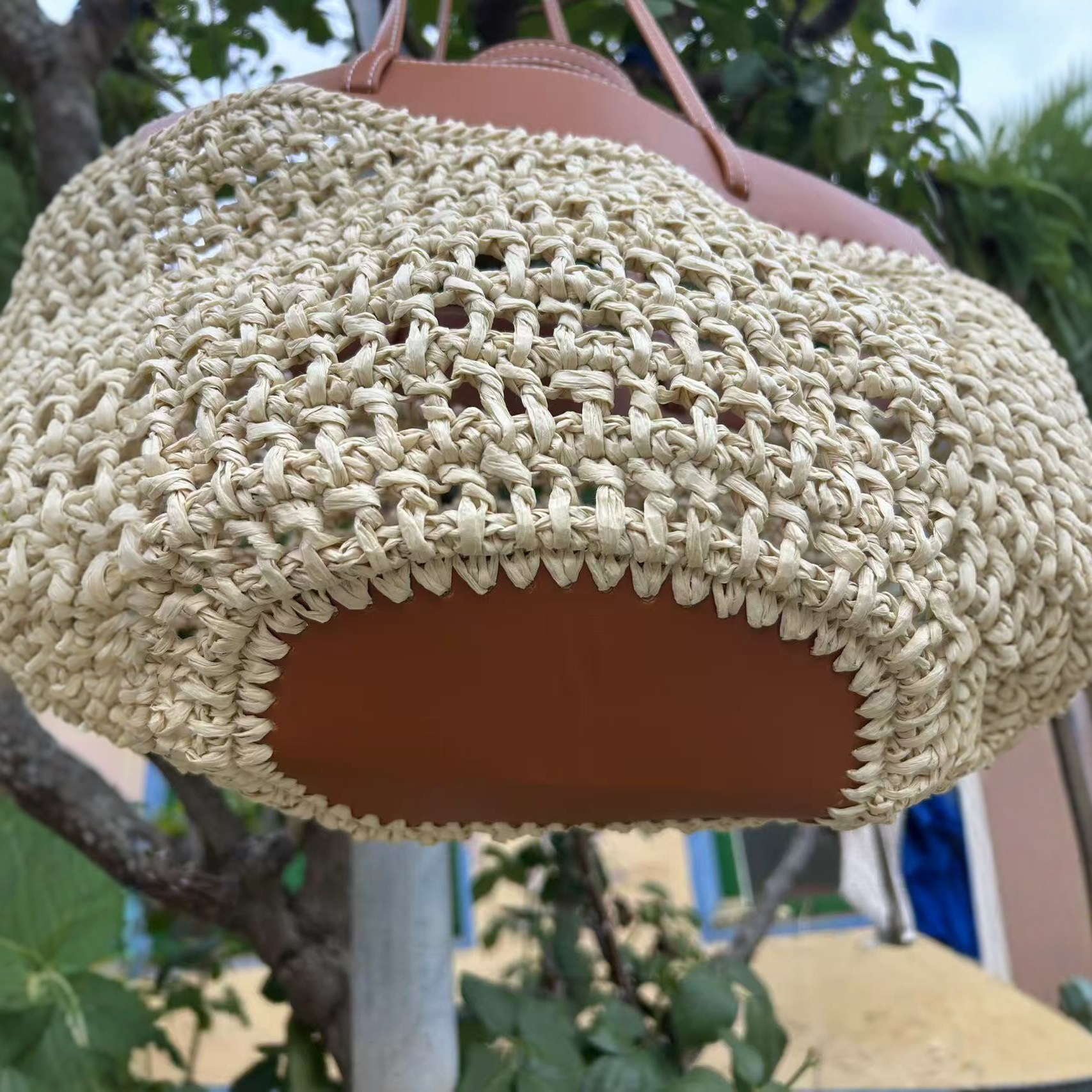 Niche Design Casual Straw Woven Tote Bag For Women New Leather Splicing Woven Bag Summer Beach Vacation Handbag - Thumbnail 3