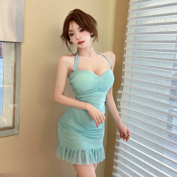 Ruffle edge hanging neck and buttocks wrapped dress， long sleeved mesh cardigan， sexy two-piece set