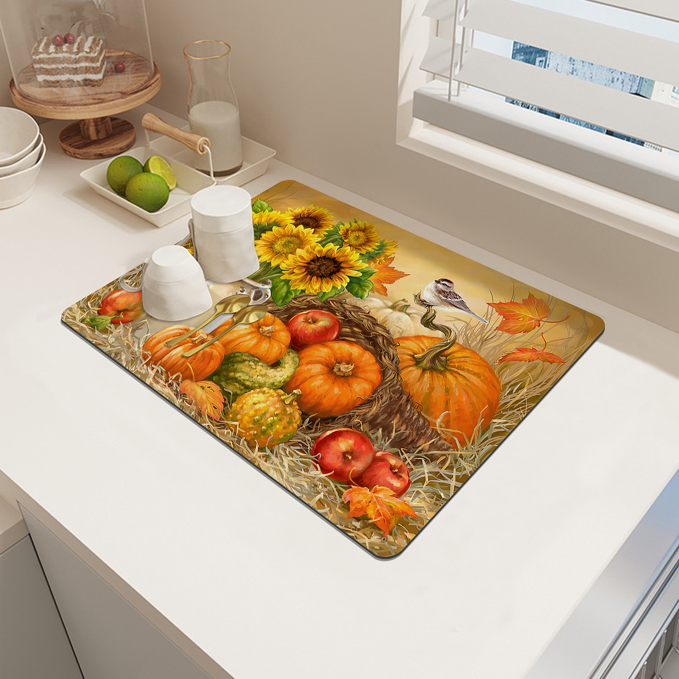 Nuovo sottobicchiere con stampa di zucca e girasole, in stile pastorale, per tavolo da pranzo, bar, tappetino isolante, assorbente d'acqua, antiscivolo_voghion.com