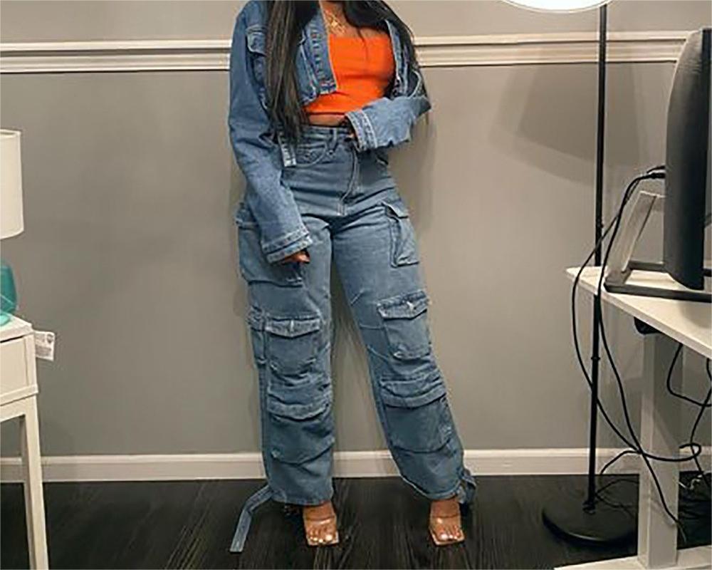Women's Jeans Multi Pocket Washed Workwear Denim Trousers_voghion.com
