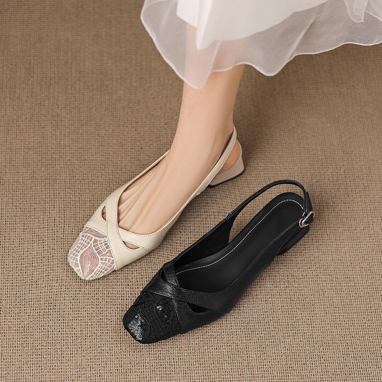 Sandal cao gót nữ hở mũi da cừu lưới phối màu quai ngang khóa — màu đen, màu trắng ngà