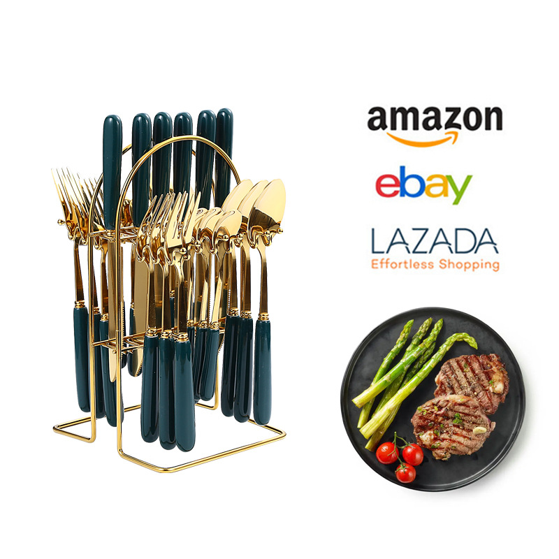 Amazon Tik Tok popular Luz de lujo de cerámica manejar cuatro piezas principales vajilla de acero inoxidable 24 piezas traje de cuchillos, tenedores y cucharas