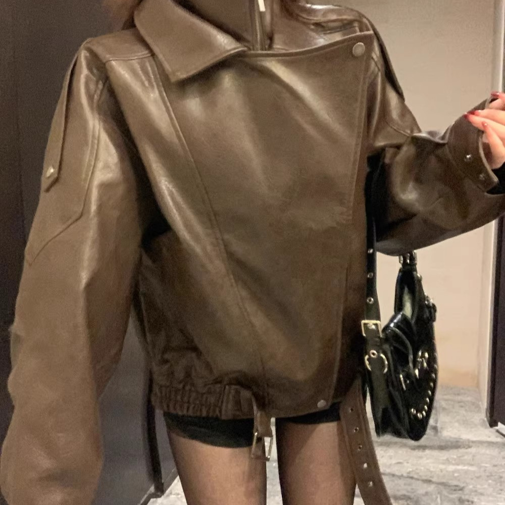 American Retro Brown Pu Leather Jacket 2025 Autum Loose Zipper Stand Collar Motorcycle Jacket Top for Women