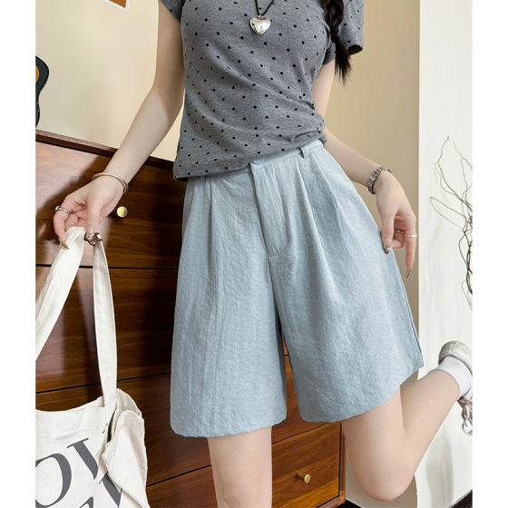 Blue Milk Fu Suit Shorts Women's Outer Wear Summer Thin Slim-fit Slimming Ice Silk Wide Leg Pants Casual Five-point Medium Pants