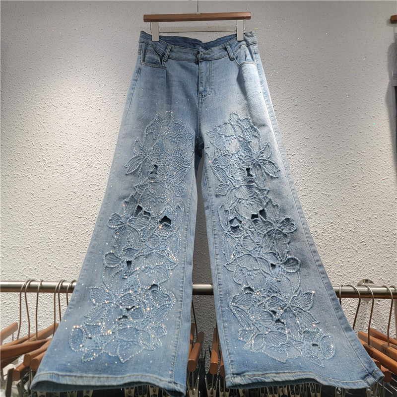 Bordado jeans en caliente mujer 2026 nuevo diseño con cintura alta, cintura suelta, piernas anchas y pantalones vaqueros elásticos