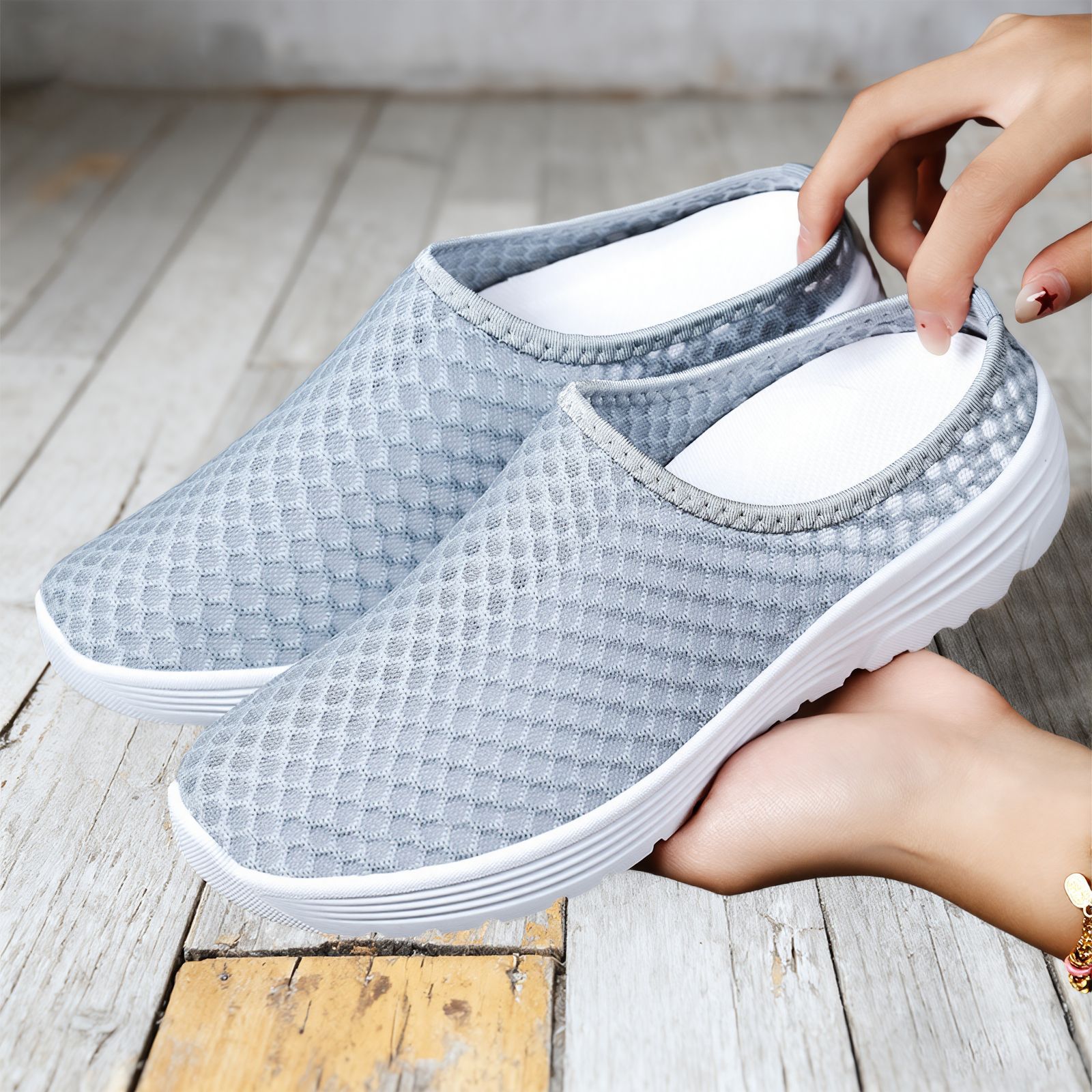 Women's Shoes Summer Cross-Border Large Size Half-Slip Mesh Breathable Sandals Soft Sole Non-Tiring Casual Shoes Shallow Mouth Simple Shoes