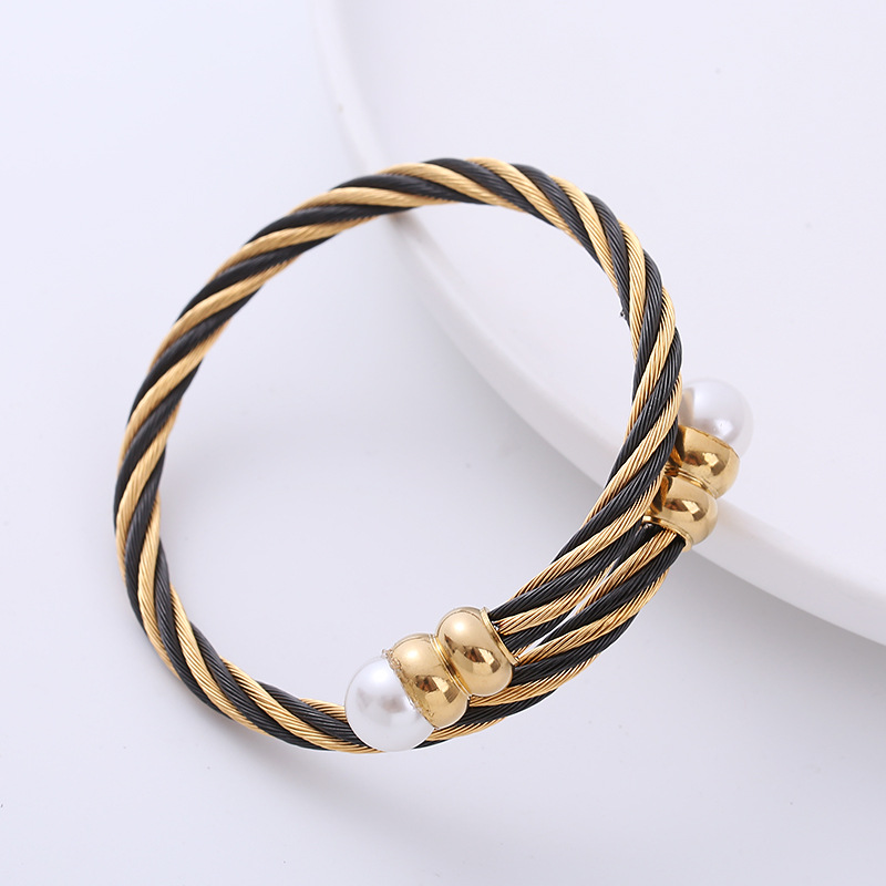 Fashion Color Block Stainless Steel Plating Inlay Artificial Pearls Bangle 1 Piece