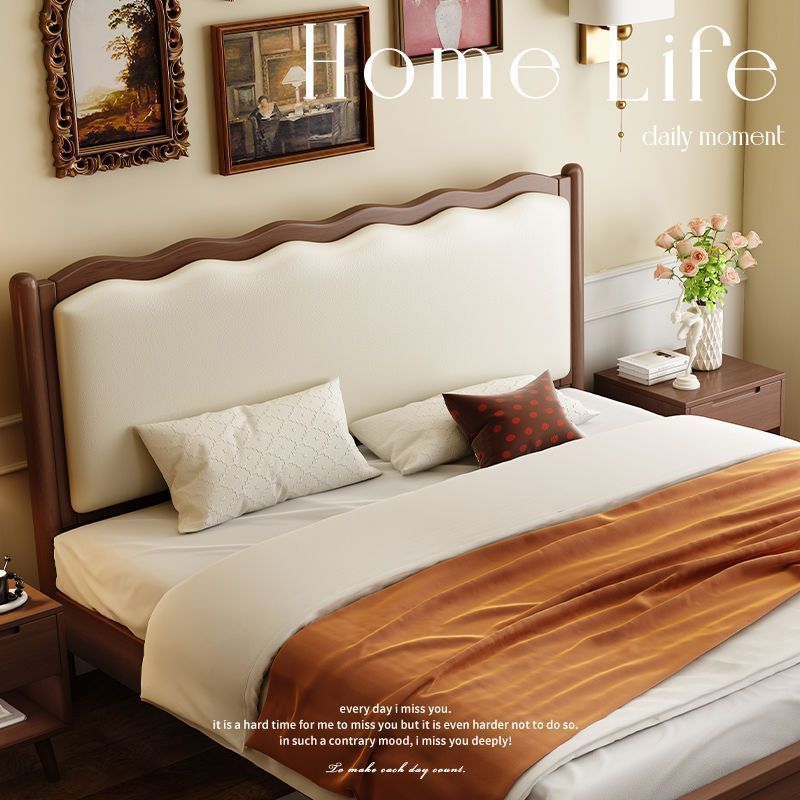 实木床北欧复古双人床韩式波浪床中古风床法式床简约软包婚床卧室