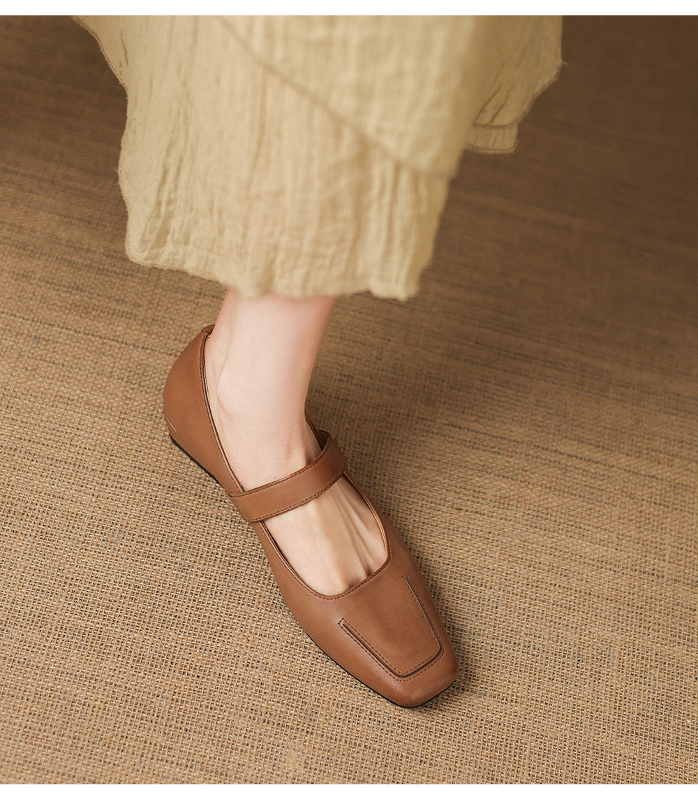 Giày Mary Jane nữ quai ngang gót thấp 2,5 cm, da bò mềm miệng nông — màu nâu chi tiết 14