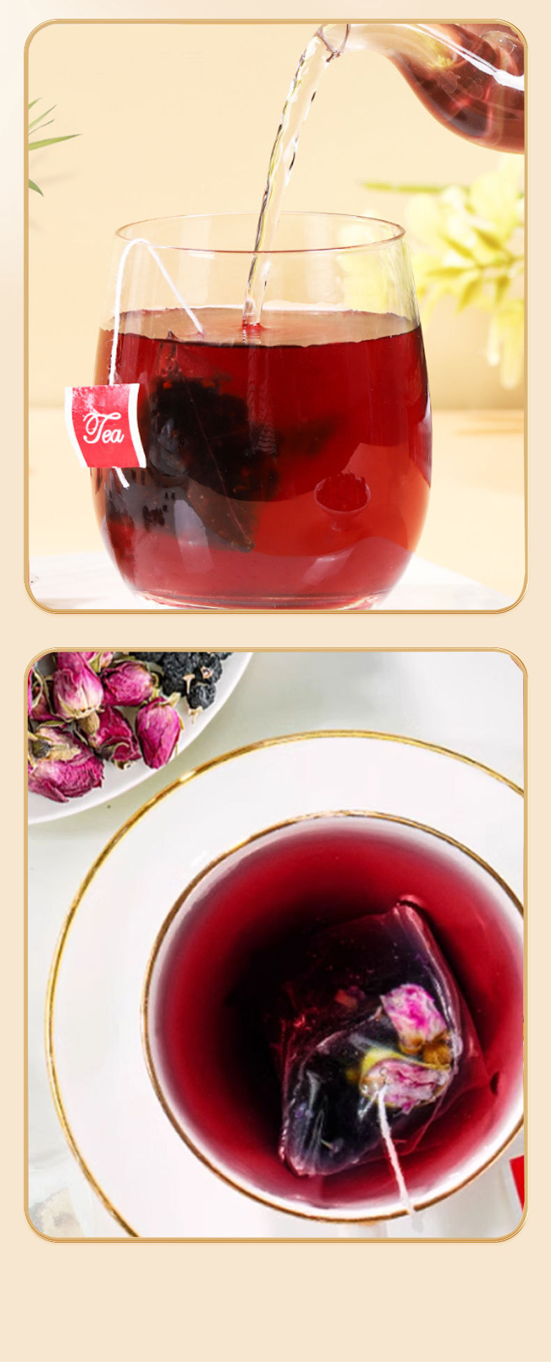 Black Goji Berry Mulberry Rose Tea 25 Pyramid Tea Bags Cold Brew Herbal Blend for Women 125g in use