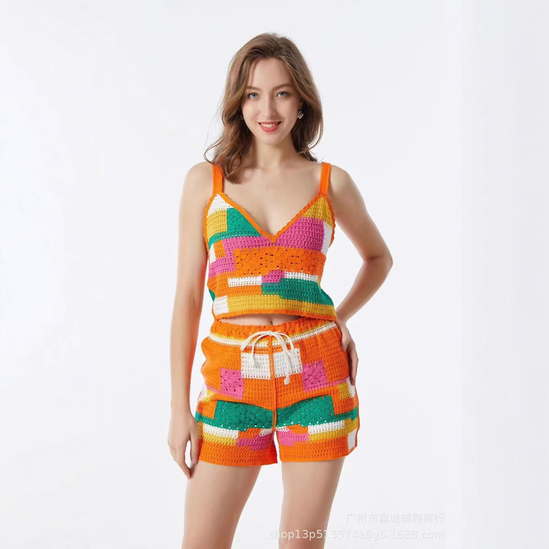 Contrast Color Vintage Sexy Sling Striped Rainbow Color-block Knitted Bohemian Vacation New Outfit suit Women