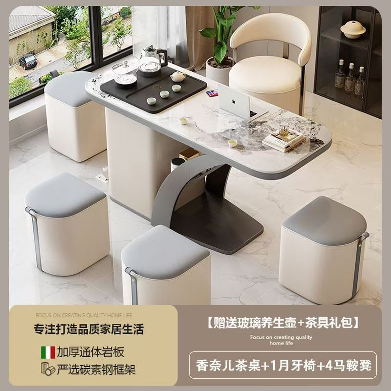 Mesa de té de tabla de roca + 1 silla de lujo ligera + 4 palos de caballo