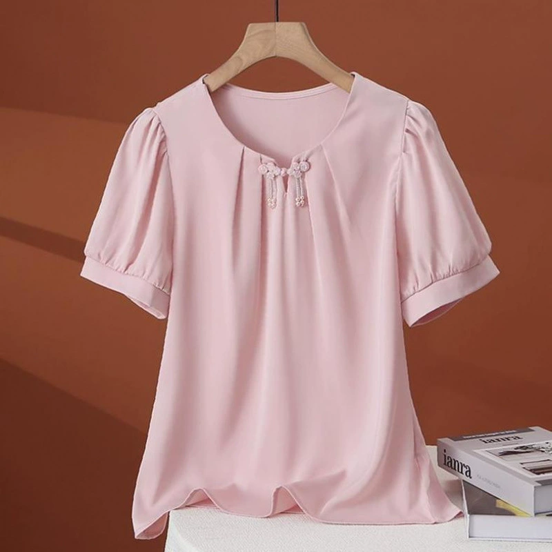 Летняя шифоновая рубашка с короткими рукавами, атласная рубашка 2025 года, новая рубашка в китайском стиле, свободная и стройнящая, топ в китайском стиле для женщин
