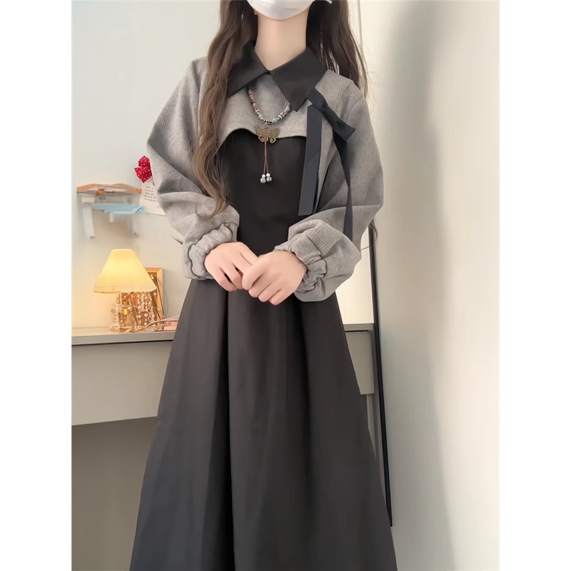 2025年秋季新款韩系穿搭套装女设计感罩衫卫衣黑色连衣裙两件套潮|undefined