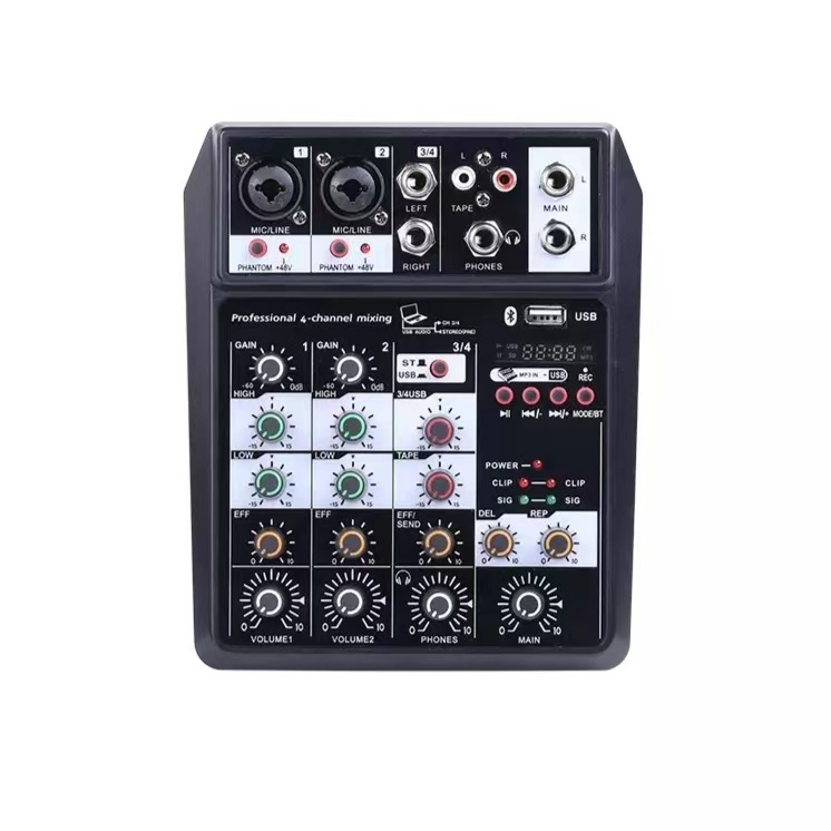 국경 독점 디지털 소형 4 방향 믹서 블루투스 사운드 카드 전문 무대 USB 라이브 믹서