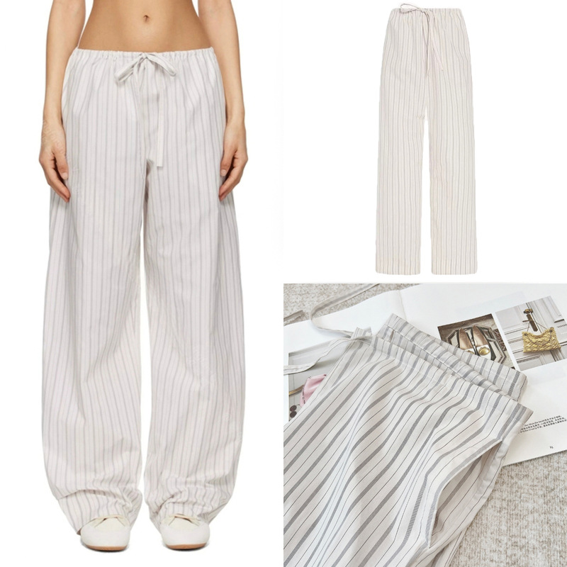 House26 Summer Row Style~Retro High-Waisted Loose Wide-Leg Pants with Drawstring Vertical Stripes Versatile Straight Casual Pants for Women