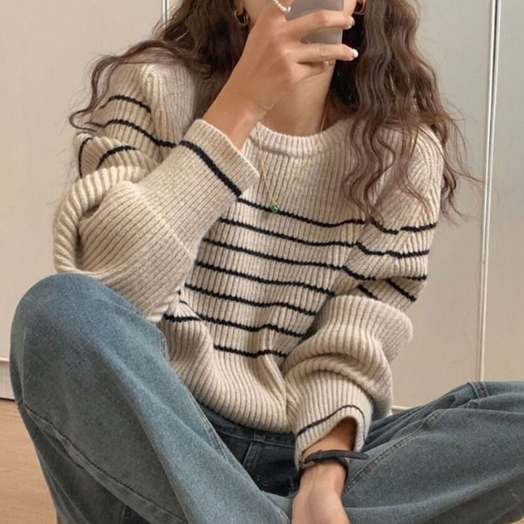 韓国スタイルのレイジーな黒と白のストライプの女性用プルオーバーセーター、秋冬の新しいゆったりとした柔らかいラウンドネックニットセーター、女性用ジャケット|undefined