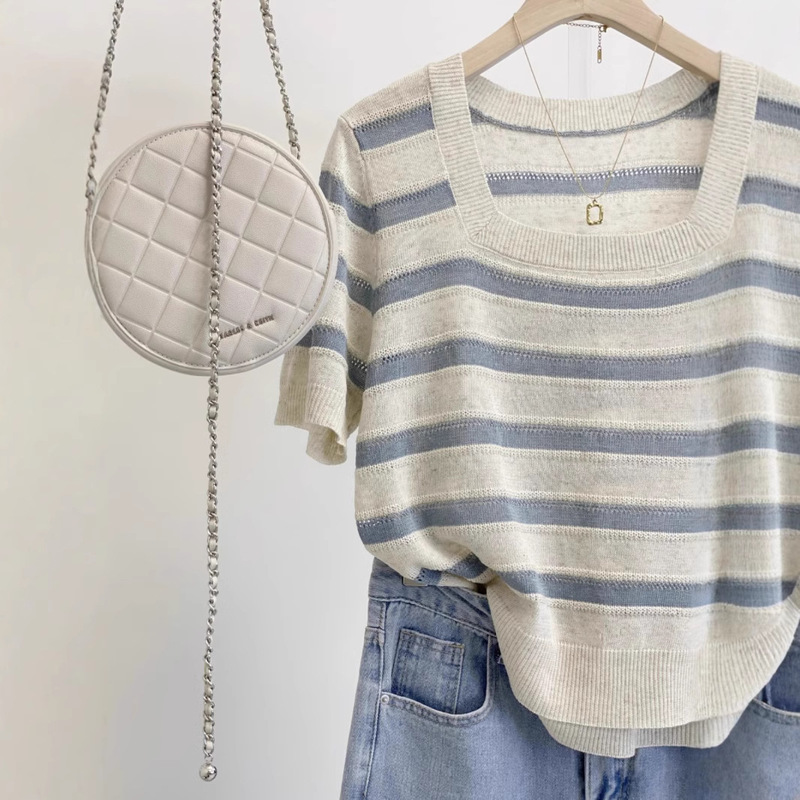 2026 New European Style Blue Striped Knit Ice Silk Short-Sleeve Square Neck T-Shirt Top for Women Summer
