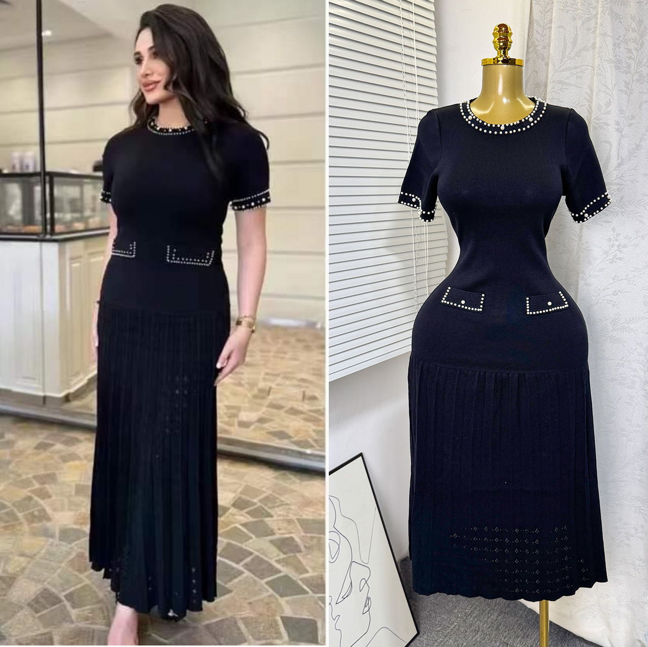 Women's French Style Beaded round Neck Short Sleeve Knit Dress Elegant Slimming Inner Sweater Dress_ecoleips.com