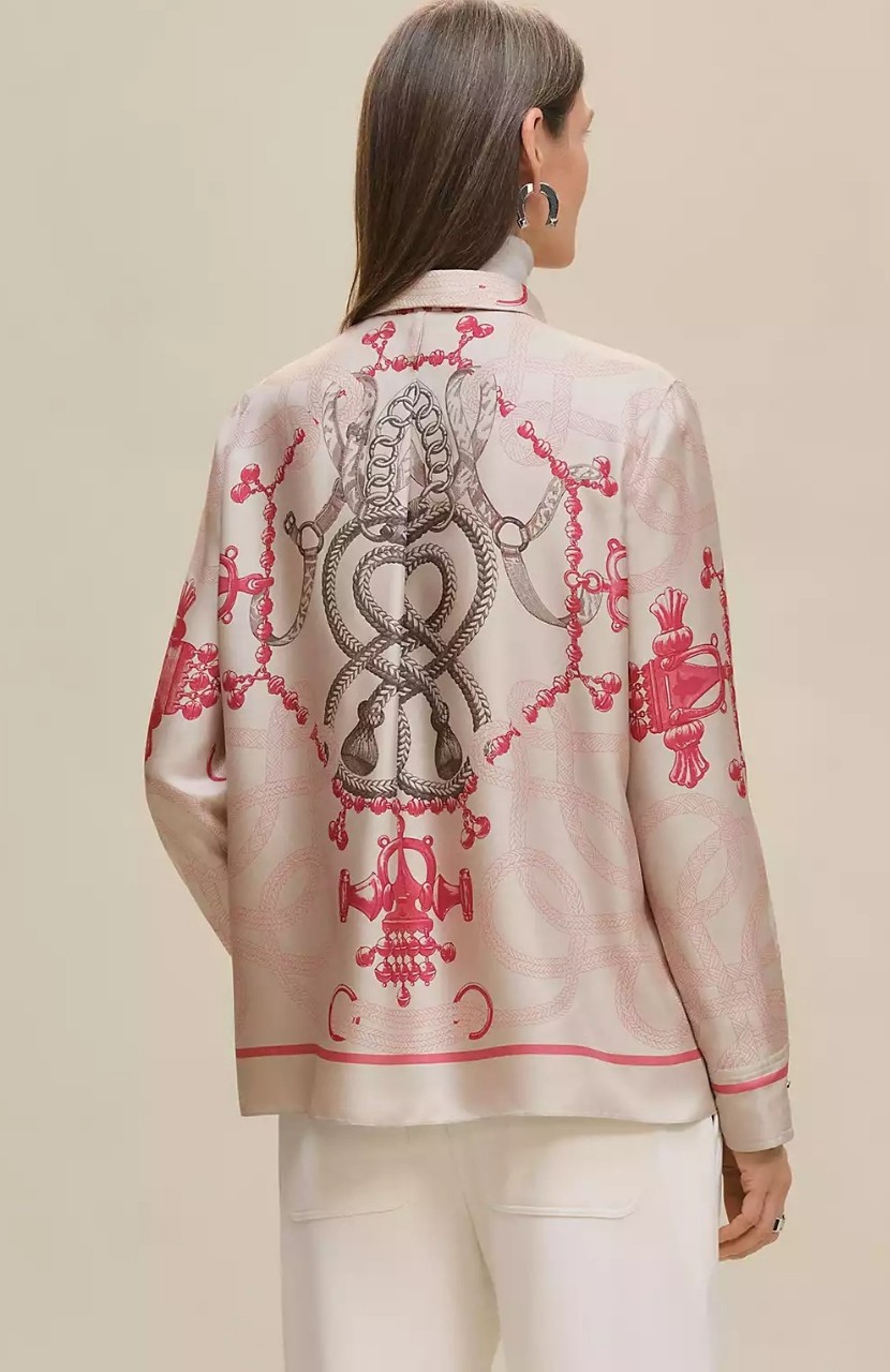 艾玛事法式真丝女士衬衣衬衫斜纹绸绳结马镫链条图案长袖深圳南油