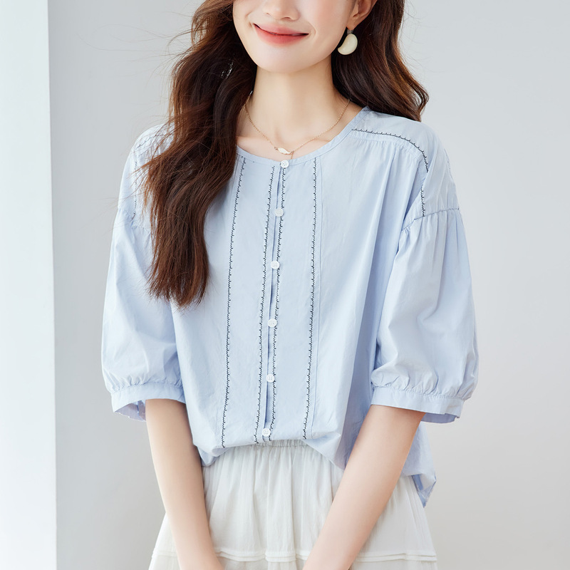 工場直販女性用トップステッチ刺繍フレンチシャツ25年夏新スタイルスリムラウンドネックカジュアルシャツ|undefined