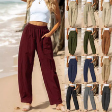 欧美外贸女装亚马逊2025 女秋冬新款式棉麻休闲裤度假风松紧腰