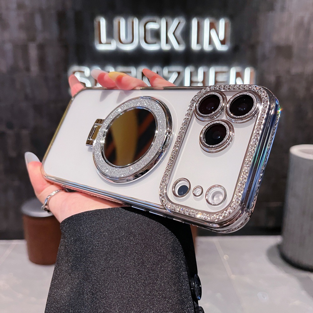 Square Diamond + Glitter Ring Mirror Stand Suitable 17 Pro Max Phone Case, New Model For IPhone 16/15/14_voghion.com