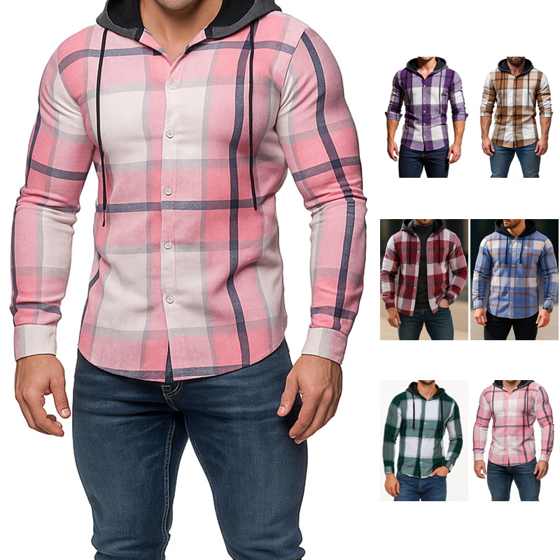 亚马逊2025外贸新款衬衫男 连帽男士格子长袖衬衣男装休闲男花寸