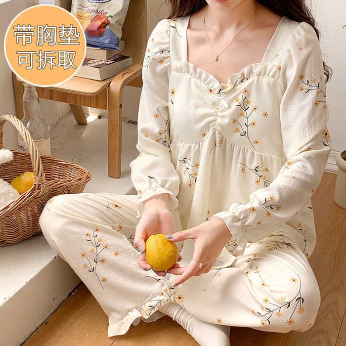 Más tamaño de manga larga pijamas de las mujeres tejidas con volantes con cuello en V Jersey de algodón de otoño e invierno dulce ropa de casa casual con el pecho pad traje