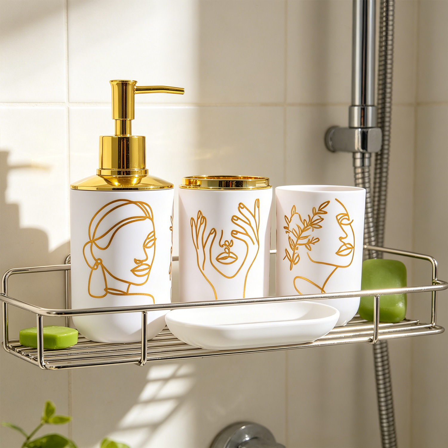 Minimalist Style Hotel and Home Bathroom Press-Type Hand Soap Dispenser Bottle, Cup, Soap Dish, and Toiletries 4-Piece Set