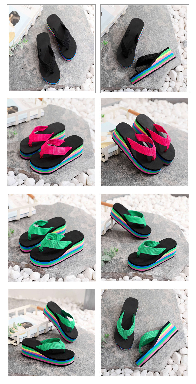 Women's Rainbow Striped Platform Flip Flops Wedge Beach Shoes_voghion.com