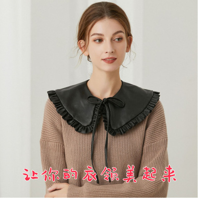 现~韩国东门新款时尚气质娃娃领假领子荷叶边系带皮质披肩假衣领|ms
