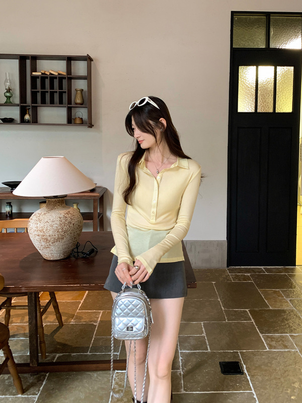 辣妹纯欲POLO衫翻领长袖T恤女2025春秋正肩修身内搭显瘦打底上衣|undefined