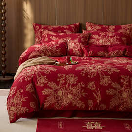 新中式婚庆床上四件套纯棉色织提花结婚喜庆大红色高级感床品