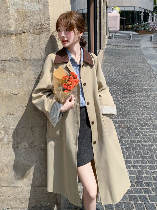 Korean Retro Contrasting Color Casual Windbreaker Jacket for Women Spring & Fall 2025 New Style British Style Mid-Length Coat