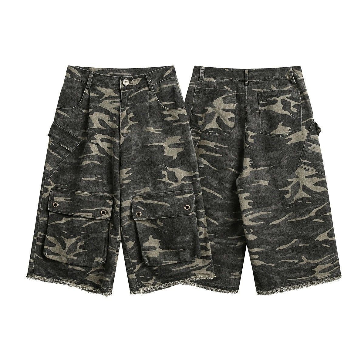 Vintage Frayed Edge Design Camouflage Denim Shorts for Men, Slim-Fit Design, American-Style Cleanfit Workwear Cropped Pants for Women