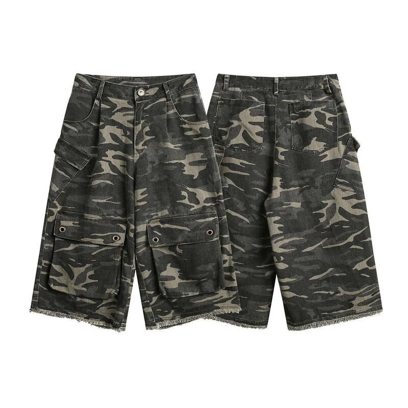 Vintage Frayed Edge Design Camouflage Denim Shorts for Men, Slim-Fit Design, American-Style Cleanfit Workwear Cropped Pants for Women