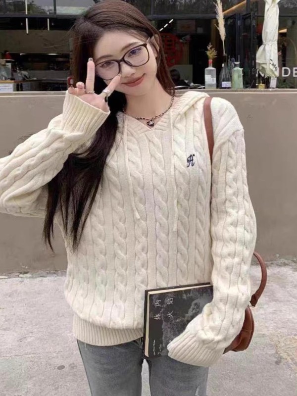 麻花套头连帽针织衫毛衣女灰色时尚宽松慵懒风小香风外套刺绣上衣|undefined