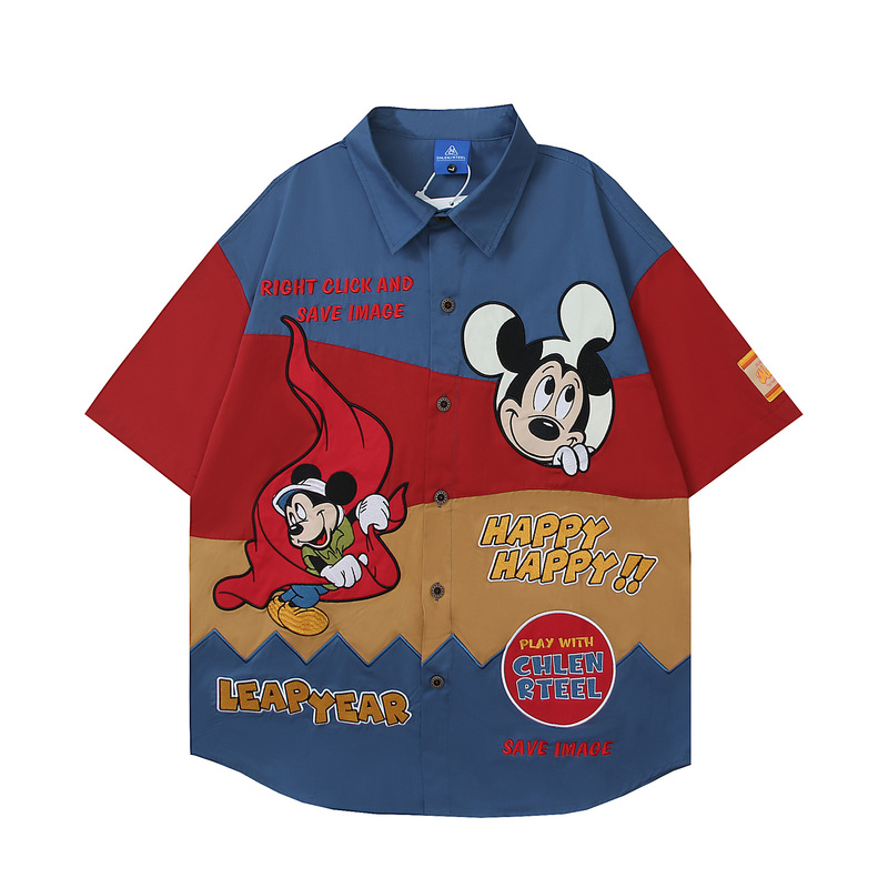 American Style Retro Fun Mickey Embroidered Short Sleeve Shirt Men's Fashionable Summer Loose Casual BF Couple Shirt